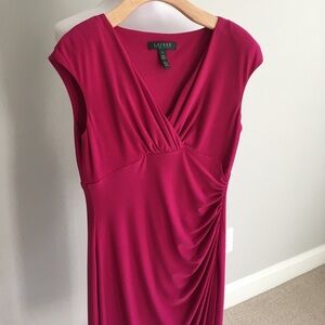 Lauren Ralph Lauren Fitted Draped V-Neck Dress in Magenta